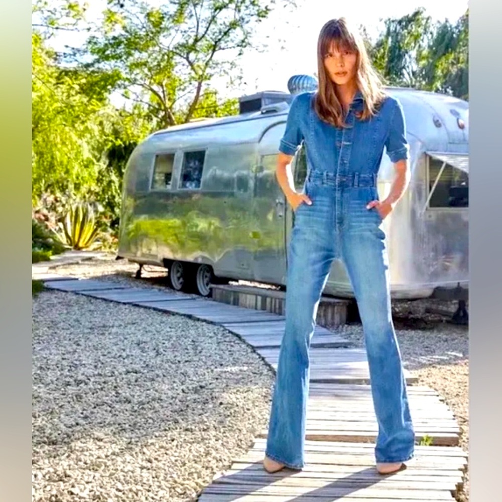 Anthropologie Ella Moss Short Sleeve Button Front Flare Denim Jean Jumpsuit